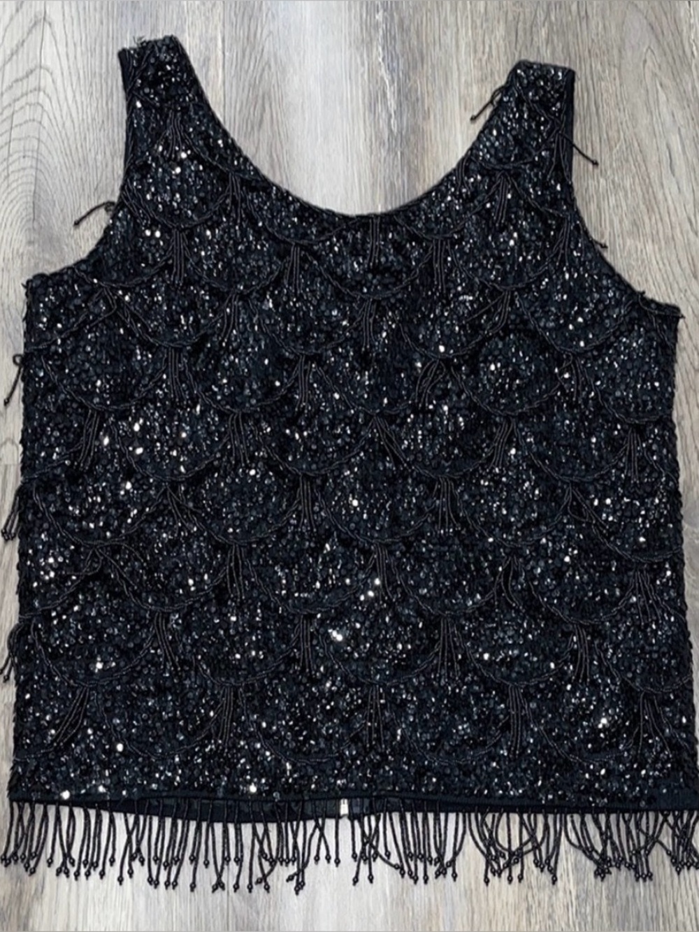 Vtg 60s Regalia Imports Beaded Sequin Fringe Wool Top Shimmer Art Deco Shell M/S